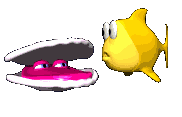cartoon fish looking at a clam with eyes