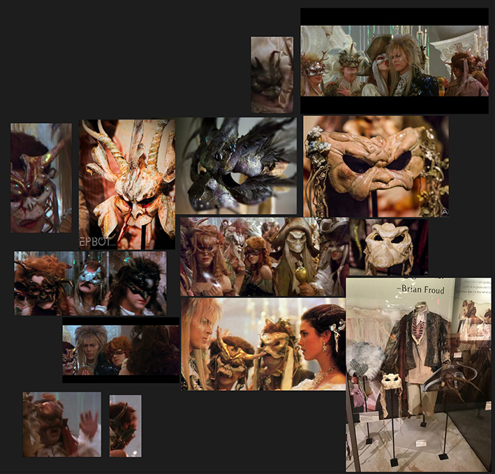 multiple images of masks from the masquerade scene in Labyrinth